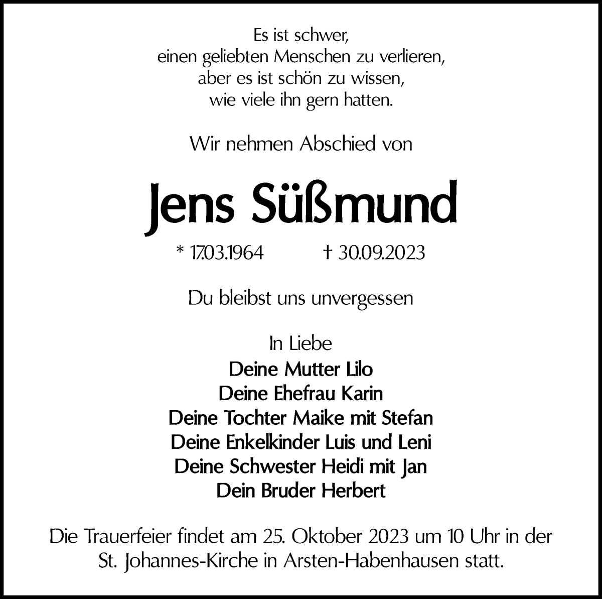 Traueranzeige von Jens Süßmund von WESER-KURIER