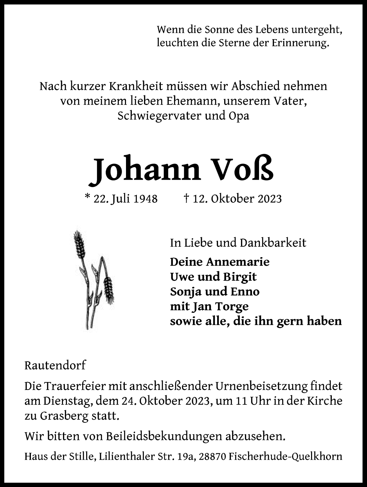 Traueranzeige von Johann Voß von Wuemme Zeitung