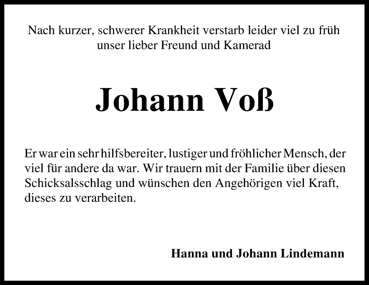 Traueranzeige von Johann Voß von Wuemme Zeitung
