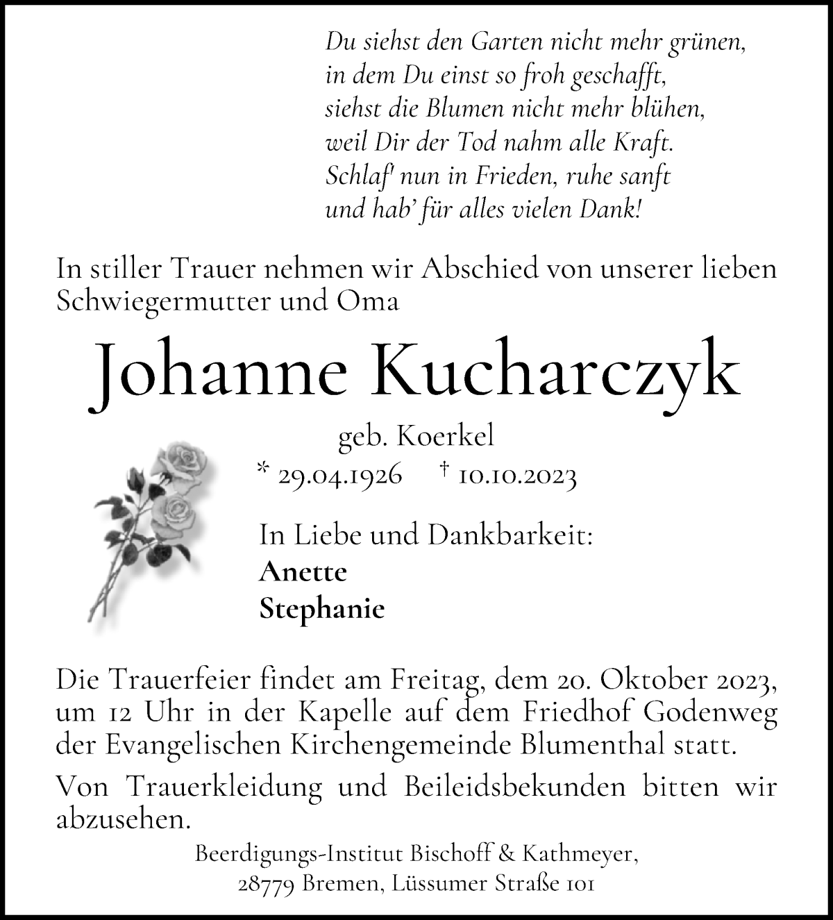 Traueranzeige von Johanne Kucharczyk von Die Norddeutsche