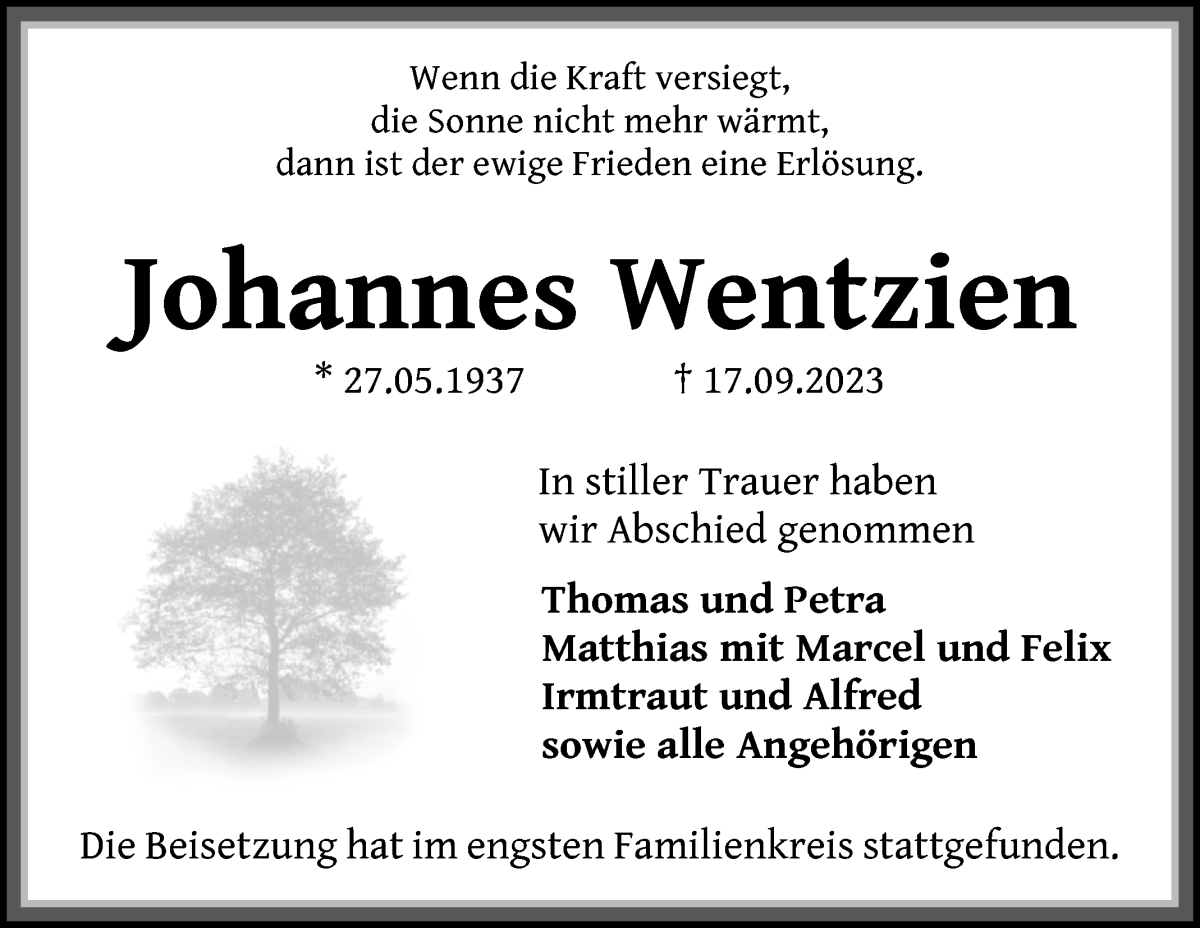 Traueranzeige von Johannes Wentzien von Wuemme Zeitung