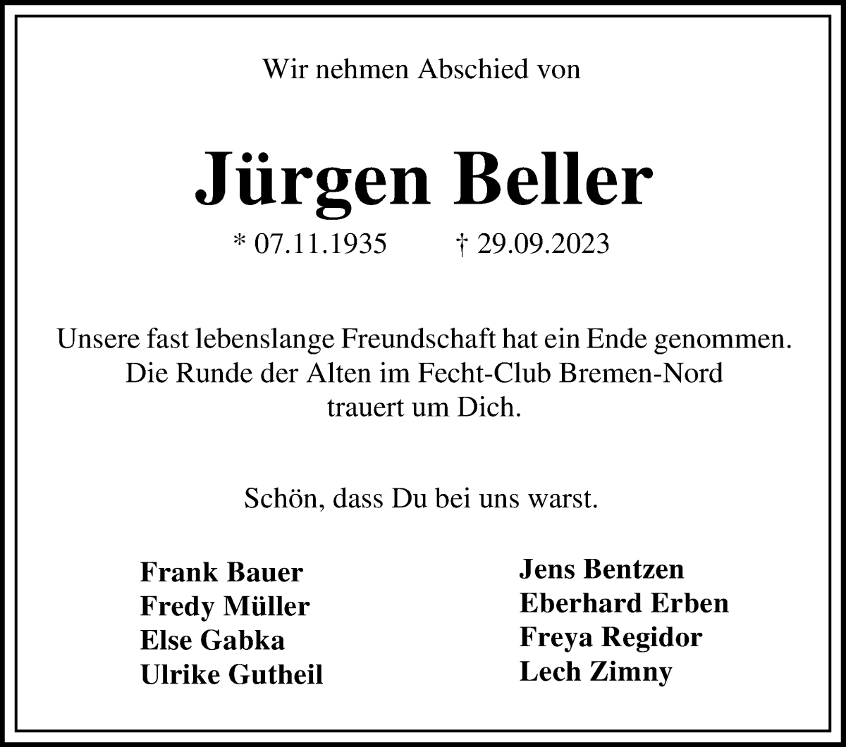 Traueranzeige von Jürgen Beller von Die Norddeutsche
