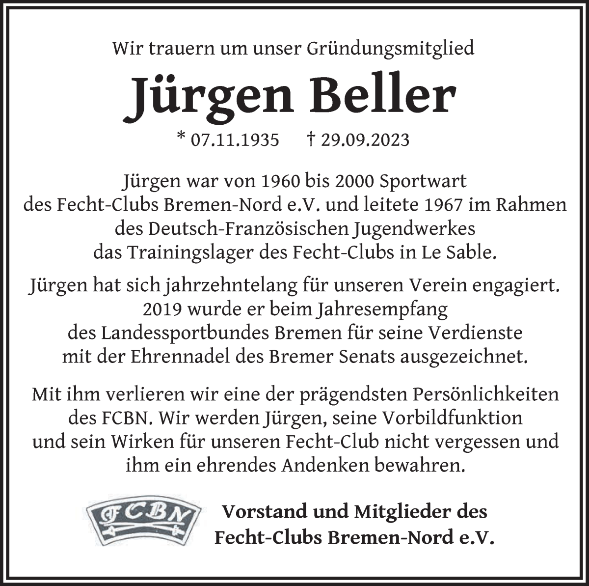 Traueranzeige von Jürgen Beller von Die Norddeutsche