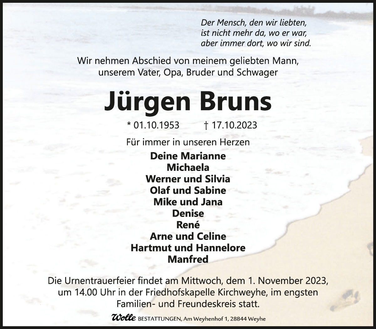 Traueranzeige von Jürgen Bruns von WESER-KURIER