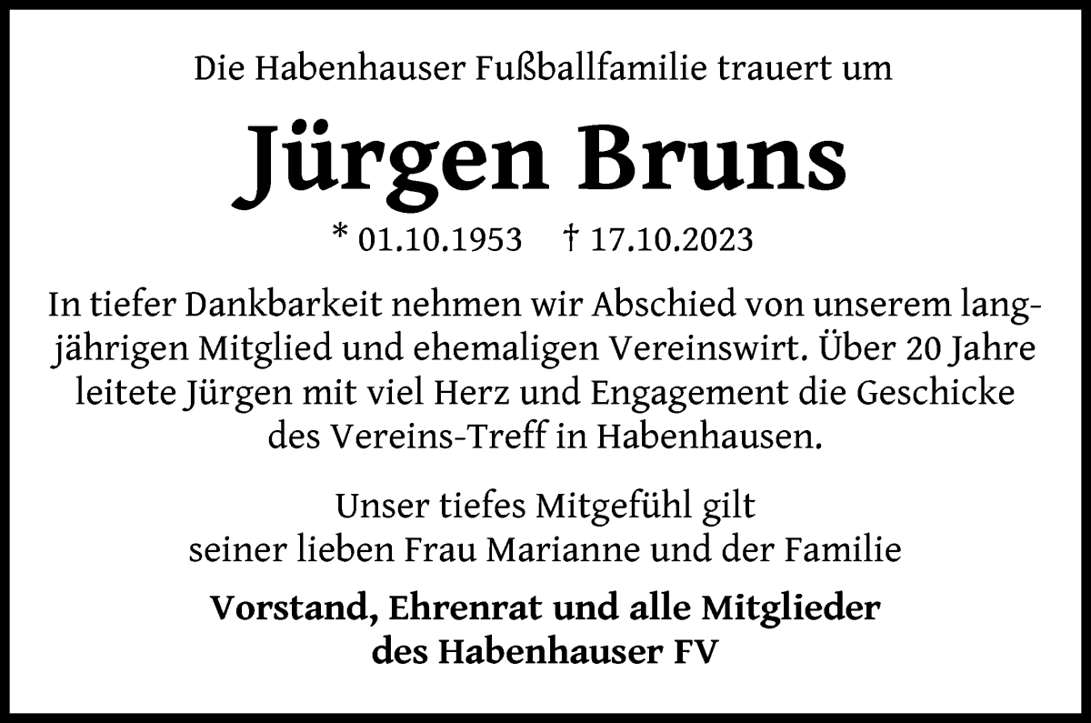 Traueranzeige von Jürgen Bruns von WESER-KURIER