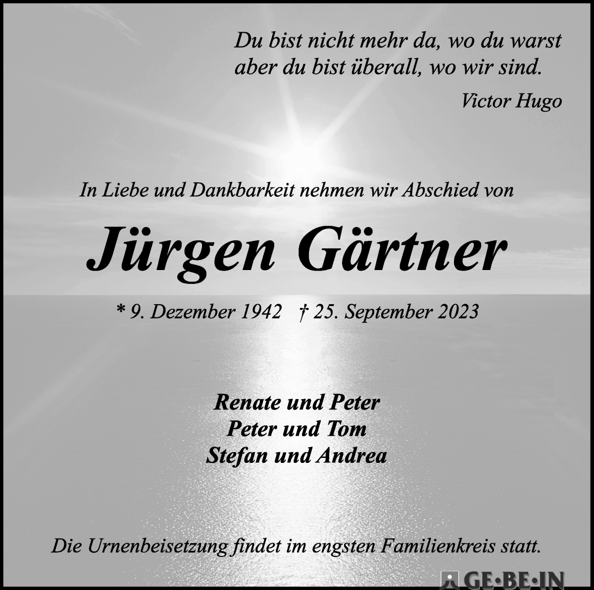 Traueranzeige von Jürgen Gärtner von WESER-KURIER