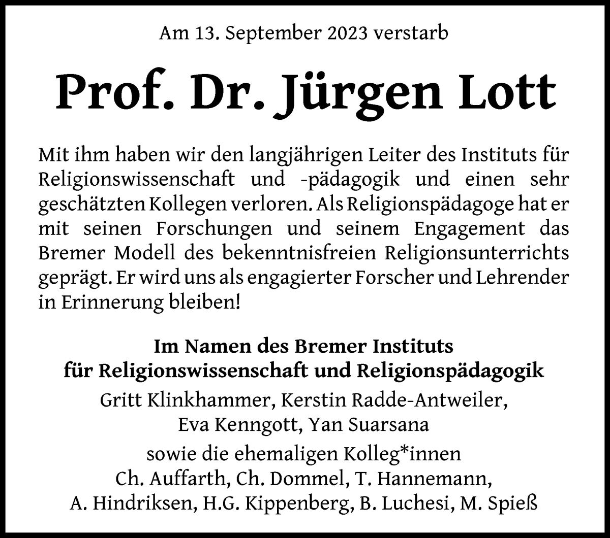 Traueranzeige von Jürgen Lott von WESER-KURIER