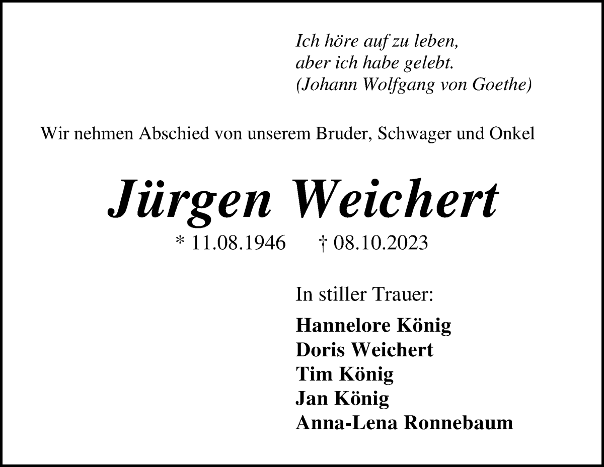 Traueranzeige von Jürgen Weichert von Die Norddeutsche
