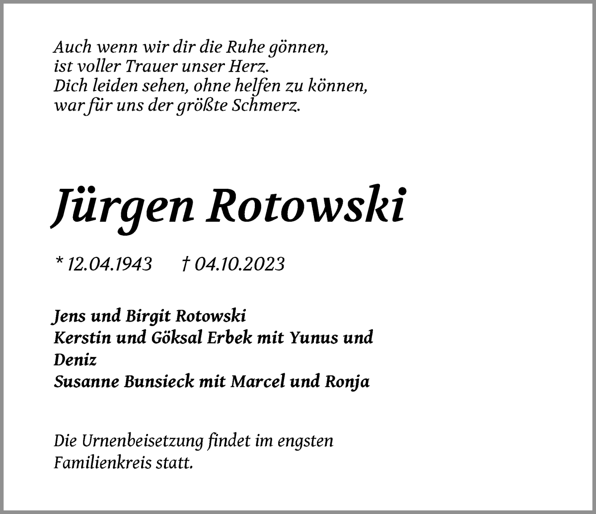 Traueranzeige von Jürgen Karl Rotowski von WESER-KURIER