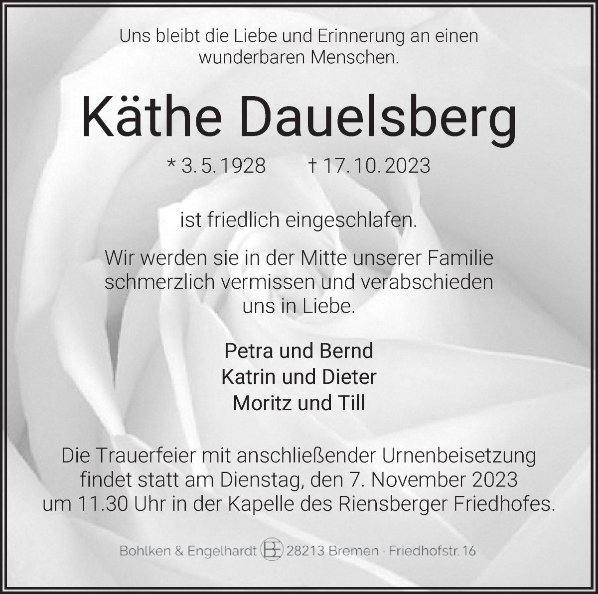 Traueranzeige von Käthe Dauelsberg von WESER-KURIER