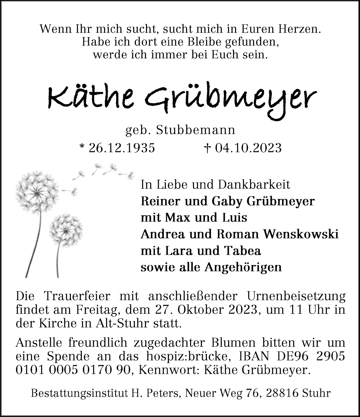 Traueranzeige von Käthe Grübmeyer von Regionale Rundschau/Syker Kurier