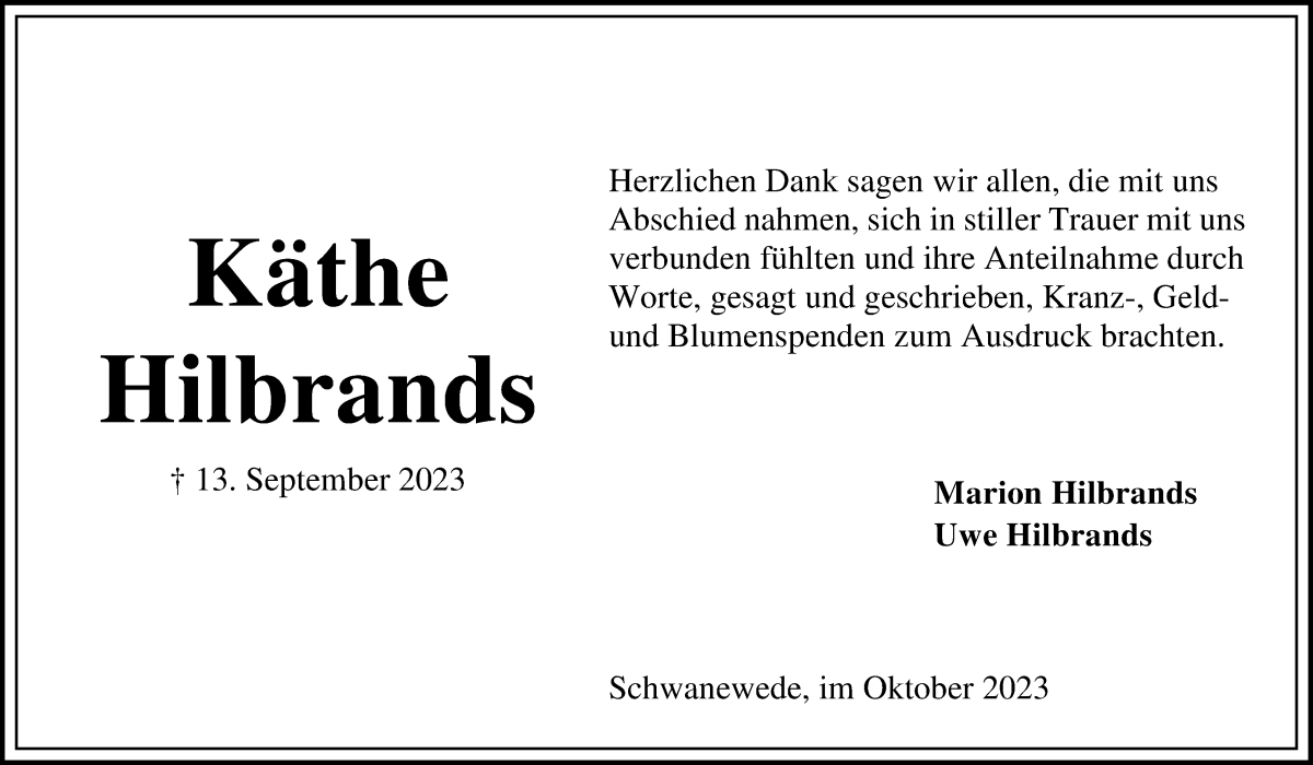 Traueranzeige von Käthe Hilbrands von Die Norddeutsche