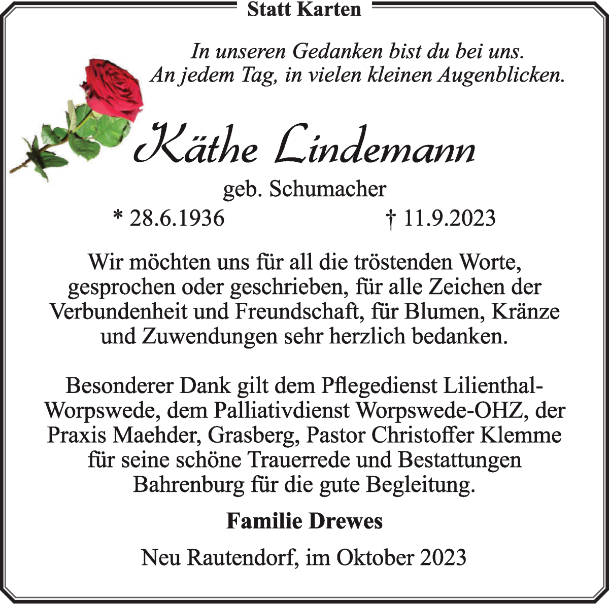 Traueranzeige von Käthe Lindemann von Wuemme Zeitung