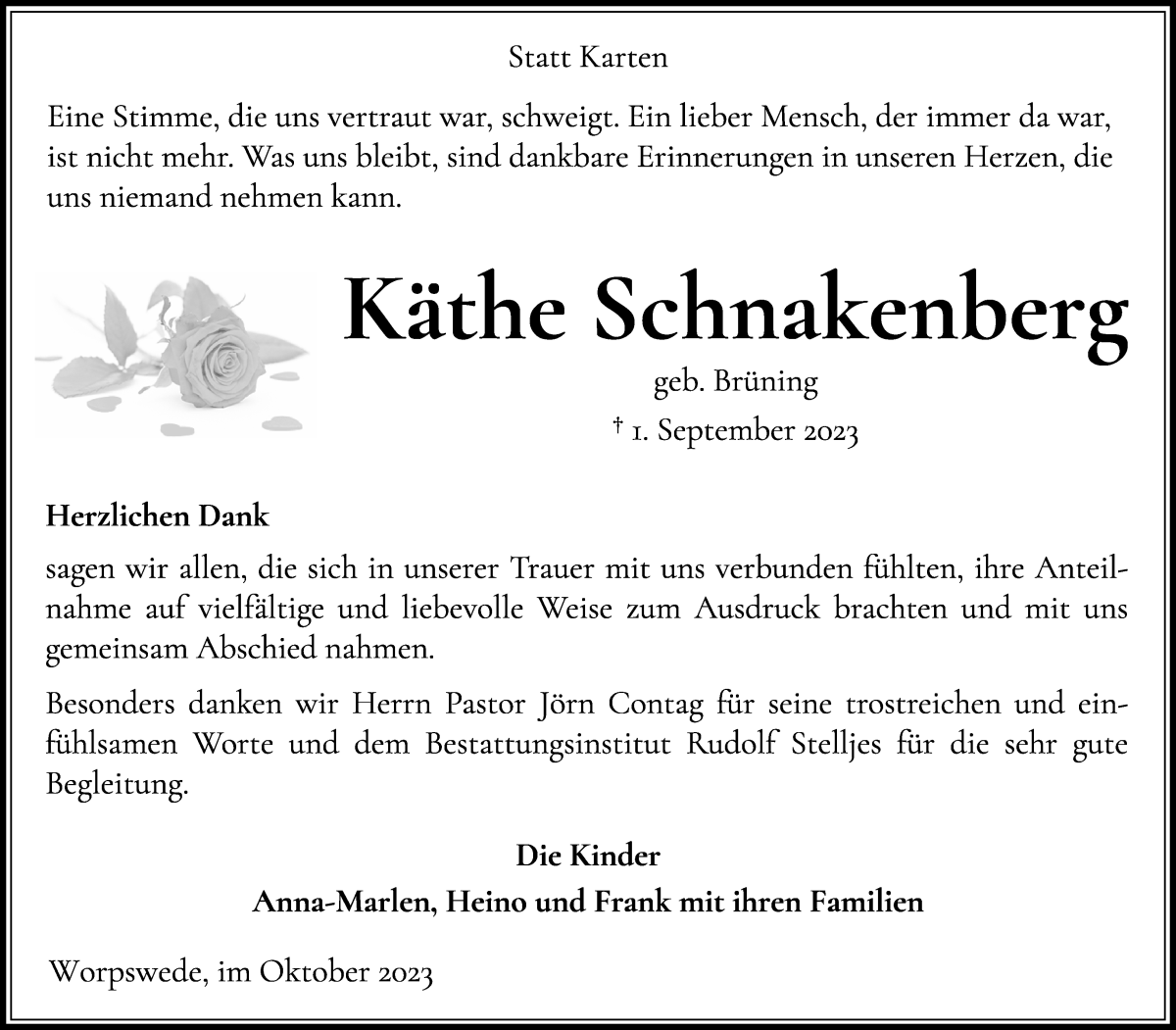 Traueranzeige von Käthe Schnakenberg von Wuemme Zeitung