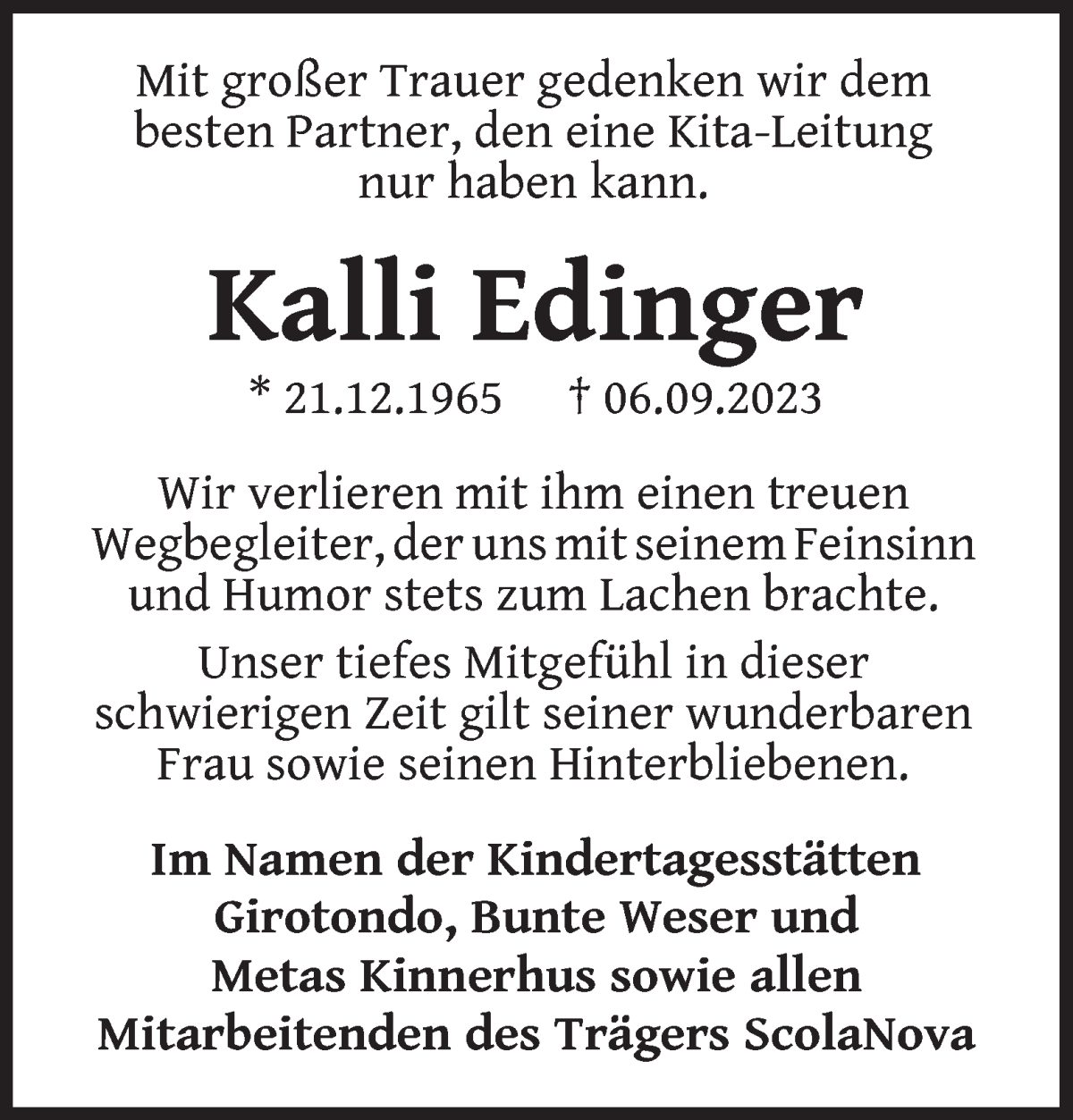 Traueranzeige von Kalli Edinger von WESER-KURIER