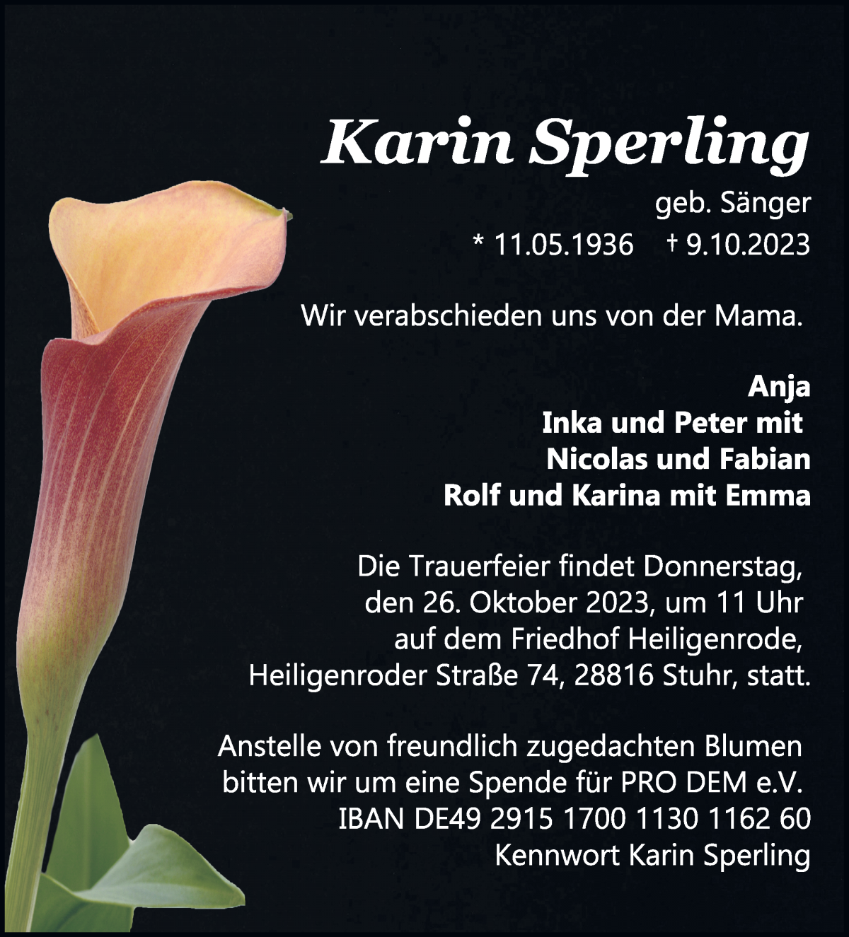Traueranzeige von Karin Sperling von WESER-KURIER