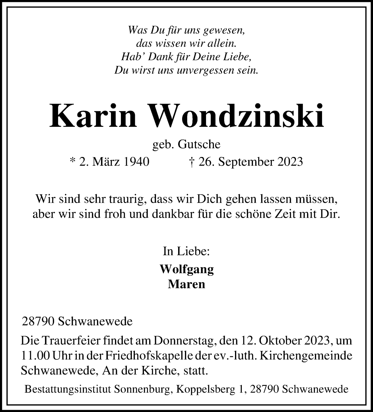 Traueranzeige von Karin Wondzinski von Die Norddeutsche