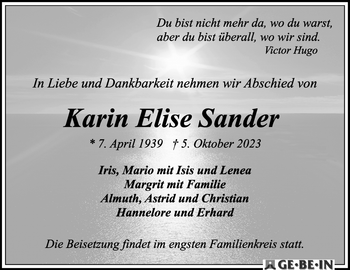 Traueranzeige von Karin Elise Sander von WESER-KURIER
