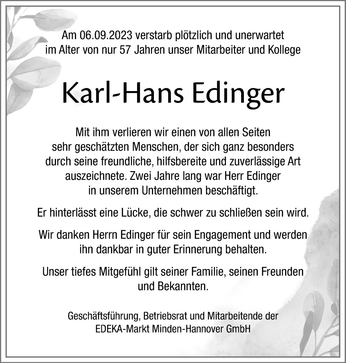 Traueranzeige von Karl-Hans Edinger von WESER-KURIER