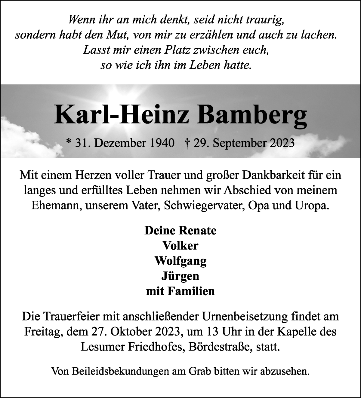 Traueranzeige von Karl-Heinz Bamberg von Osterholzer Kreisblatt