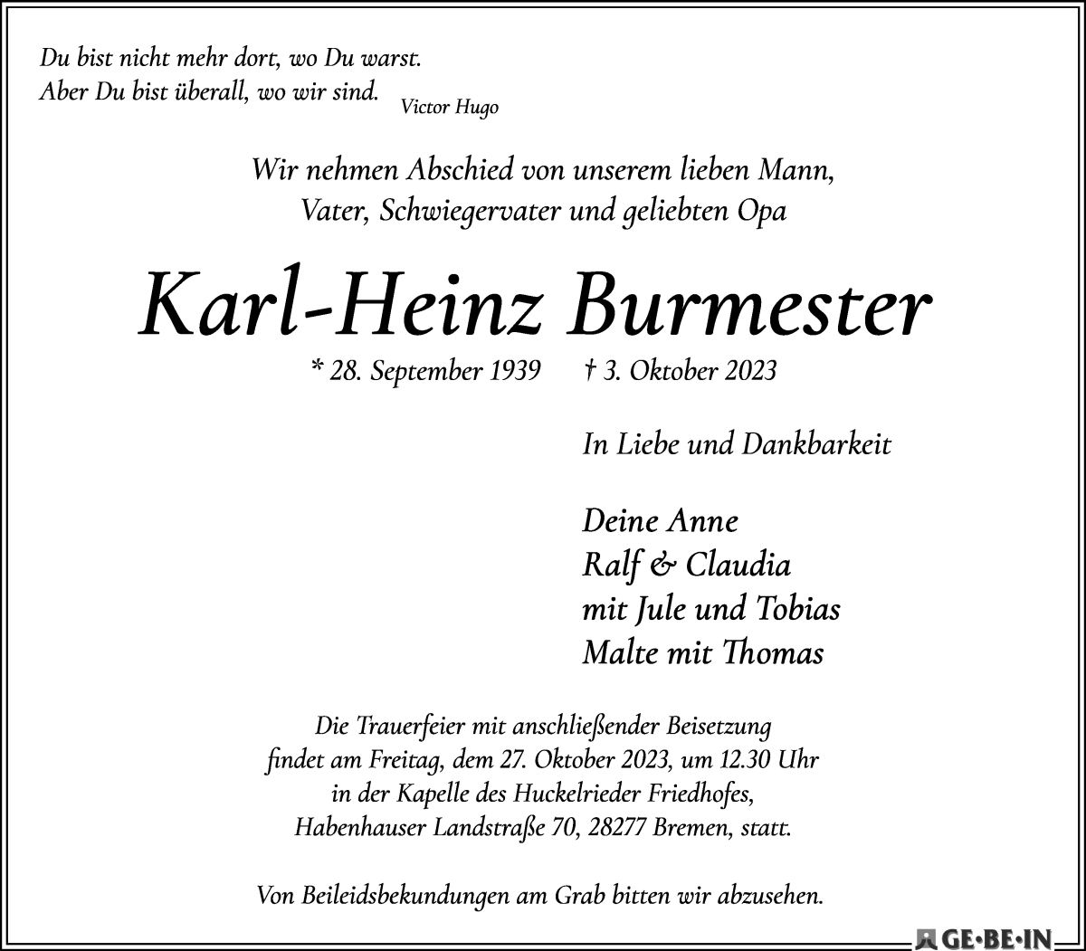 Traueranzeige von Karl-Heinz Burmester von WESER-KURIER
