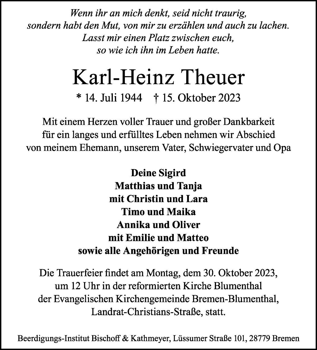 Traueranzeige von Karl-Heinz Theuer von Die Norddeutsche