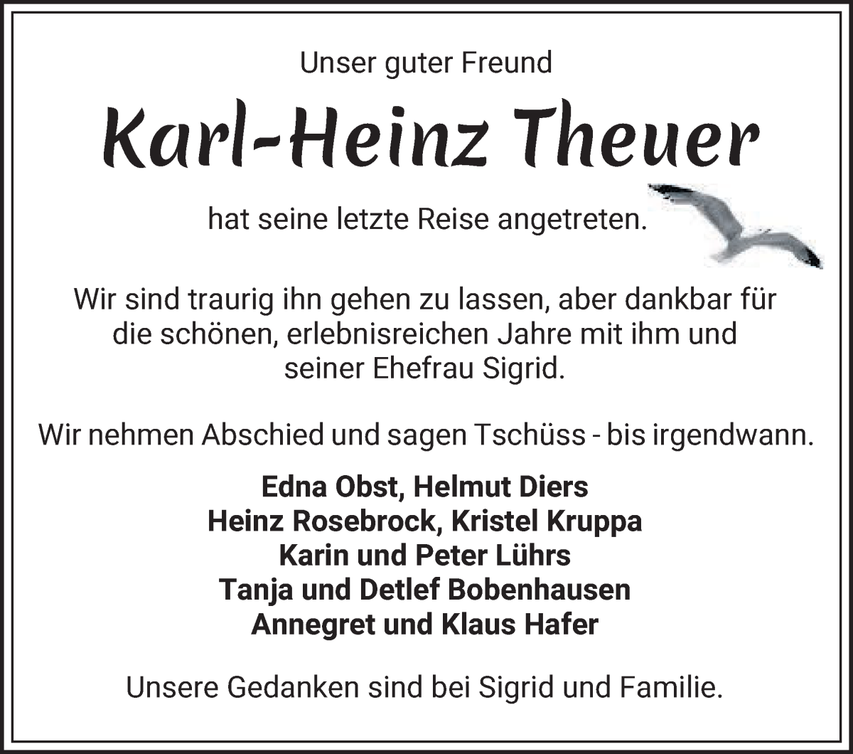 Traueranzeige von Karl-Heinz Theuer von Die Norddeutsche