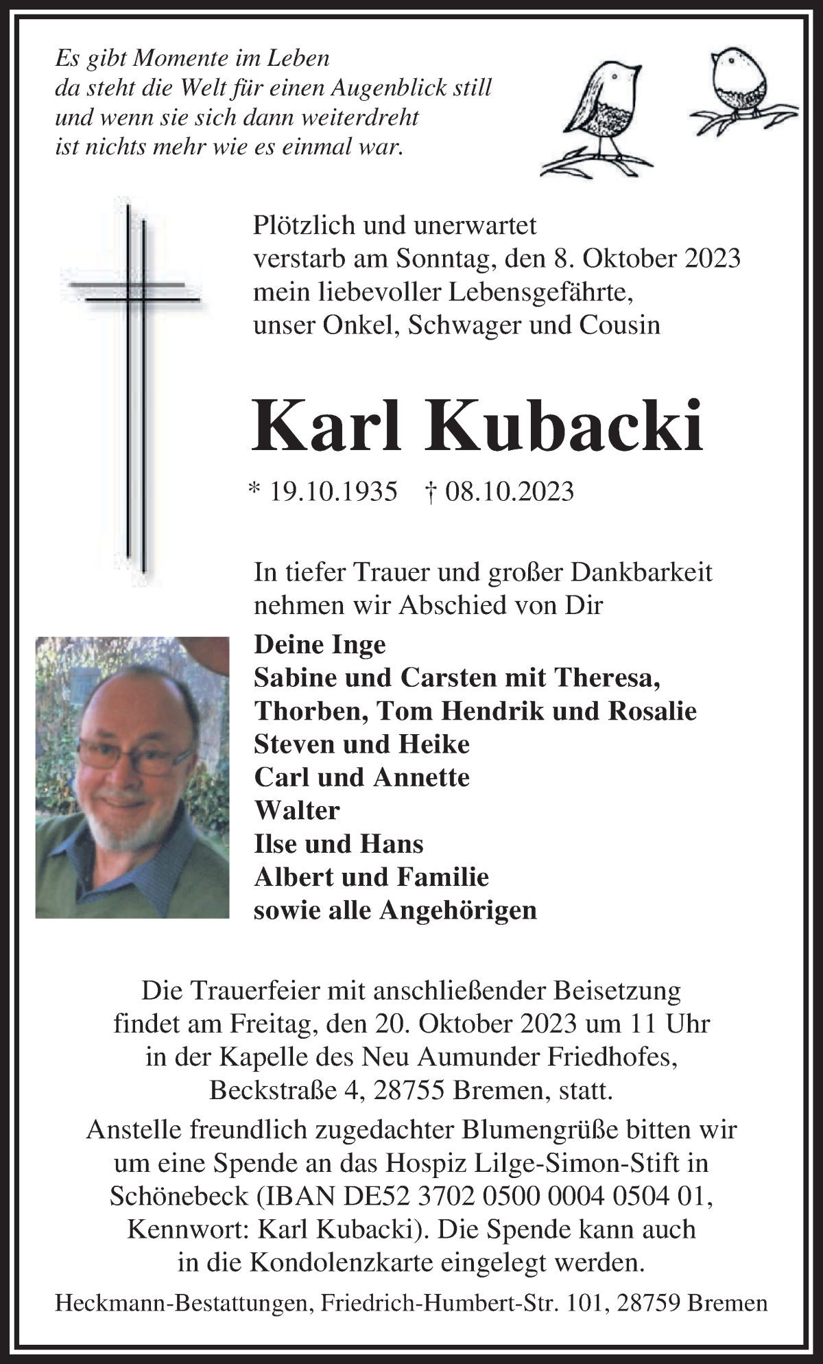 Traueranzeige von Karl Kubacki von Die Norddeutsche