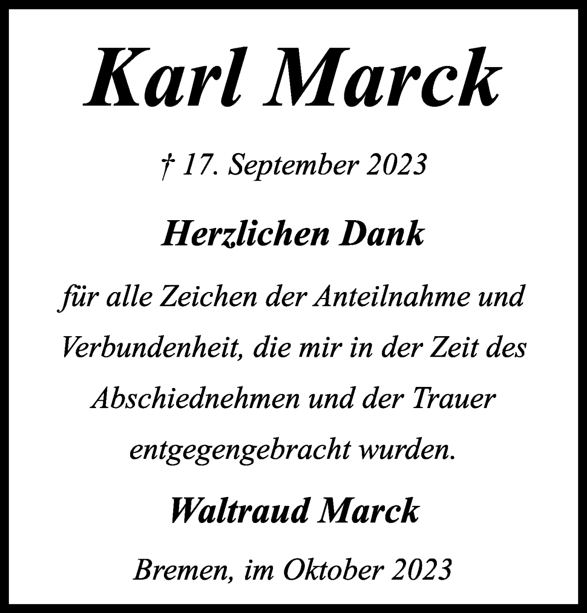 Traueranzeige von Karl Marck von WESER-KURIER