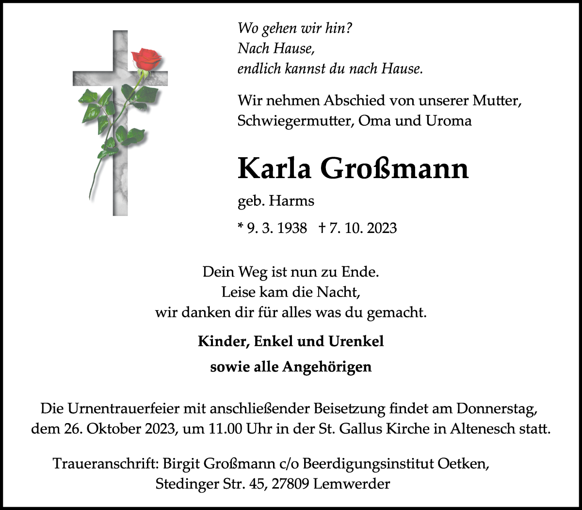 Traueranzeige von Karla Großmann von Die Norddeutsche