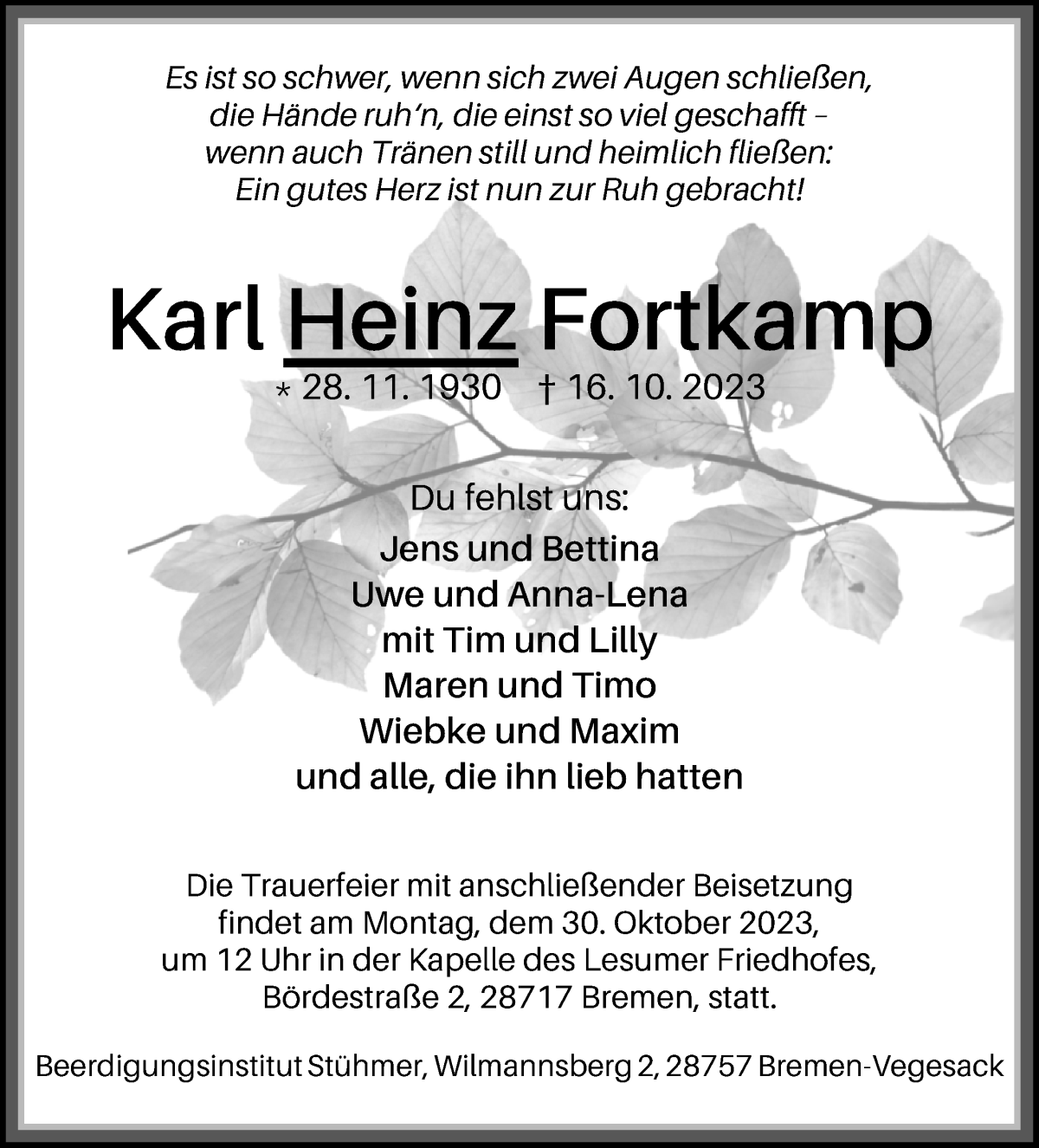 Traueranzeige von Karl Heinz Fortkamp von Die Norddeutsche