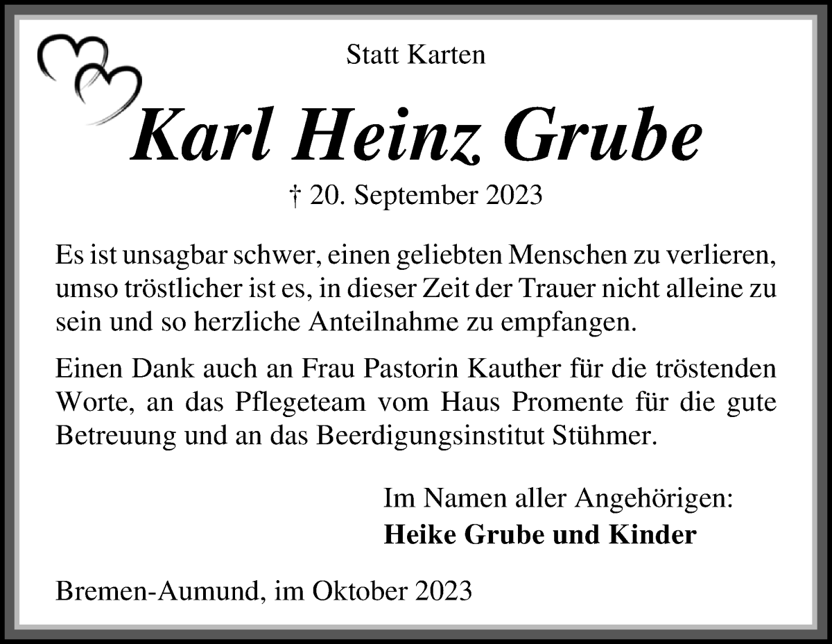 Traueranzeige von Karl Heinz Grube von Die Norddeutsche