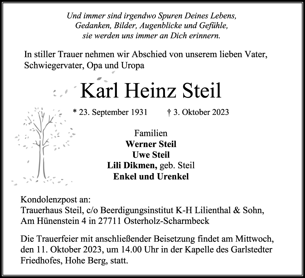 Traueranzeige von Karl Heinz Steil von Osterholzer Kreisblatt