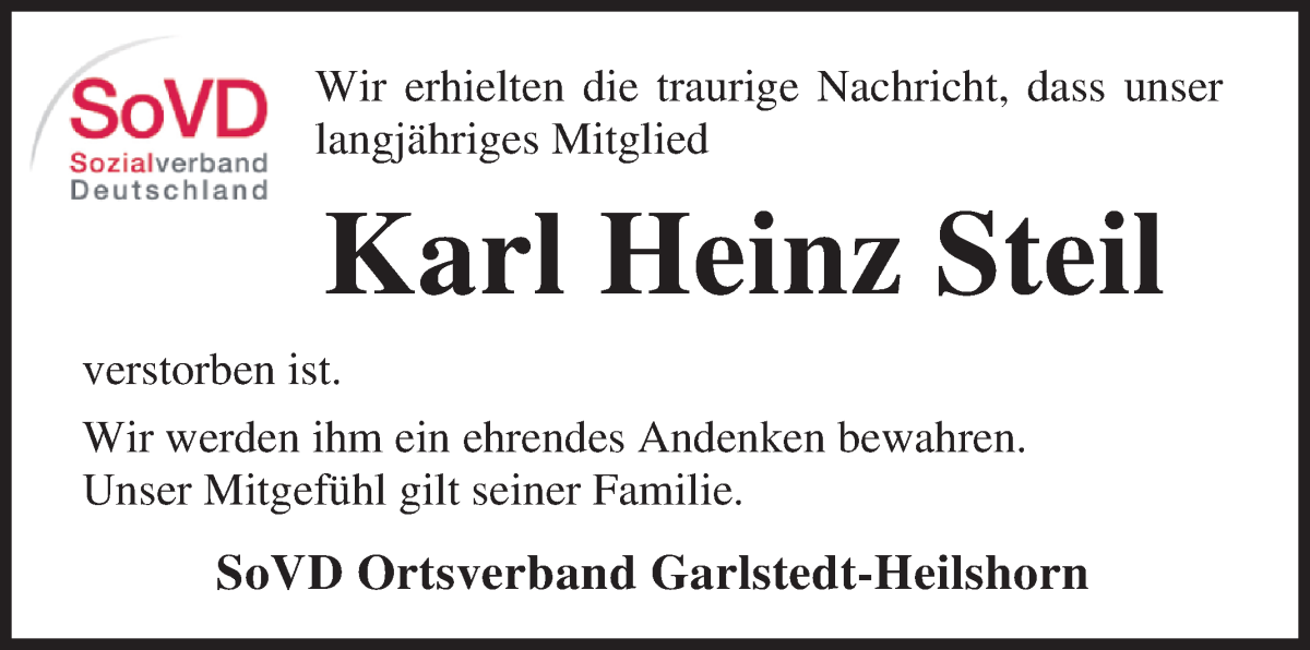 Traueranzeige von Karl Heinz Steil von Osterholzer Kreisblatt