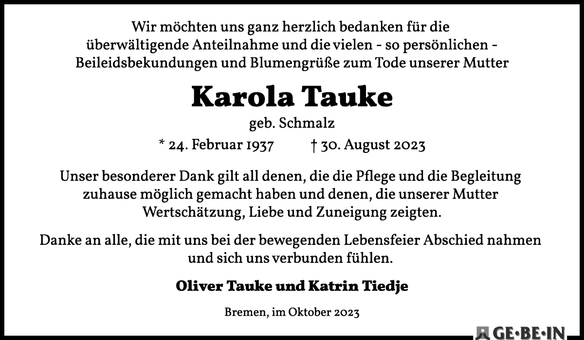 Traueranzeige von Karola Tauke von WESER-KURIER
