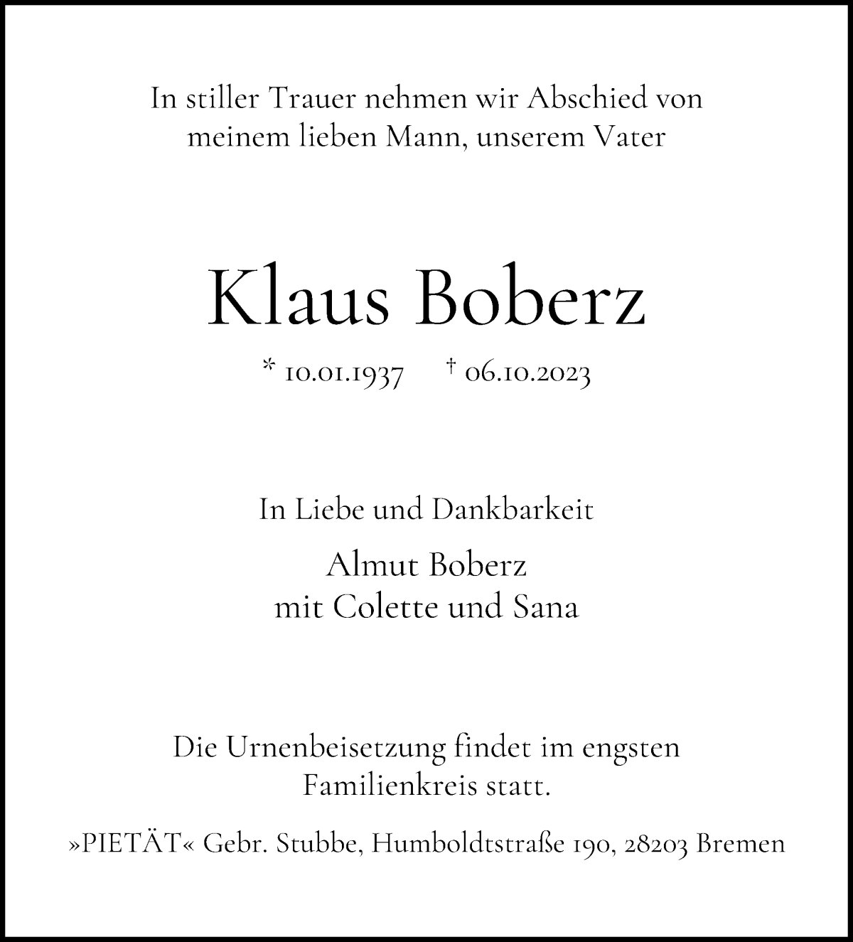 Traueranzeige von Klaus Boberz von WESER-KURIER