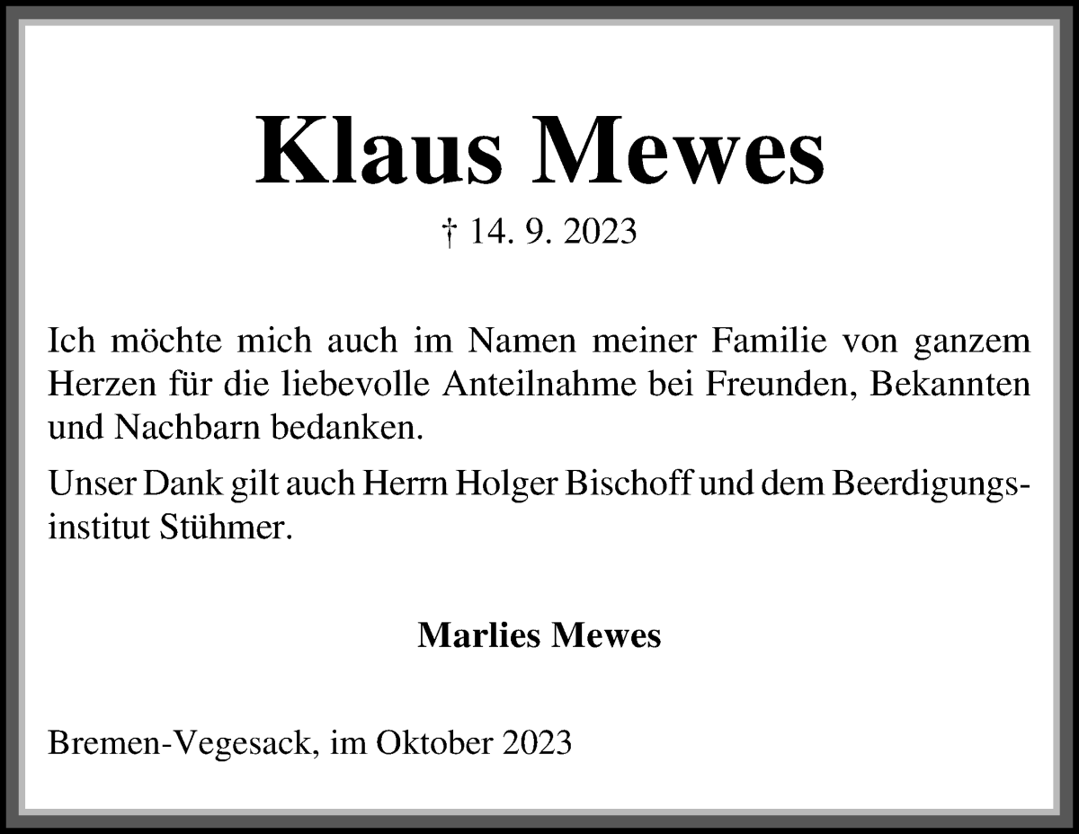Traueranzeige von Klaus Mewes von Die Norddeutsche