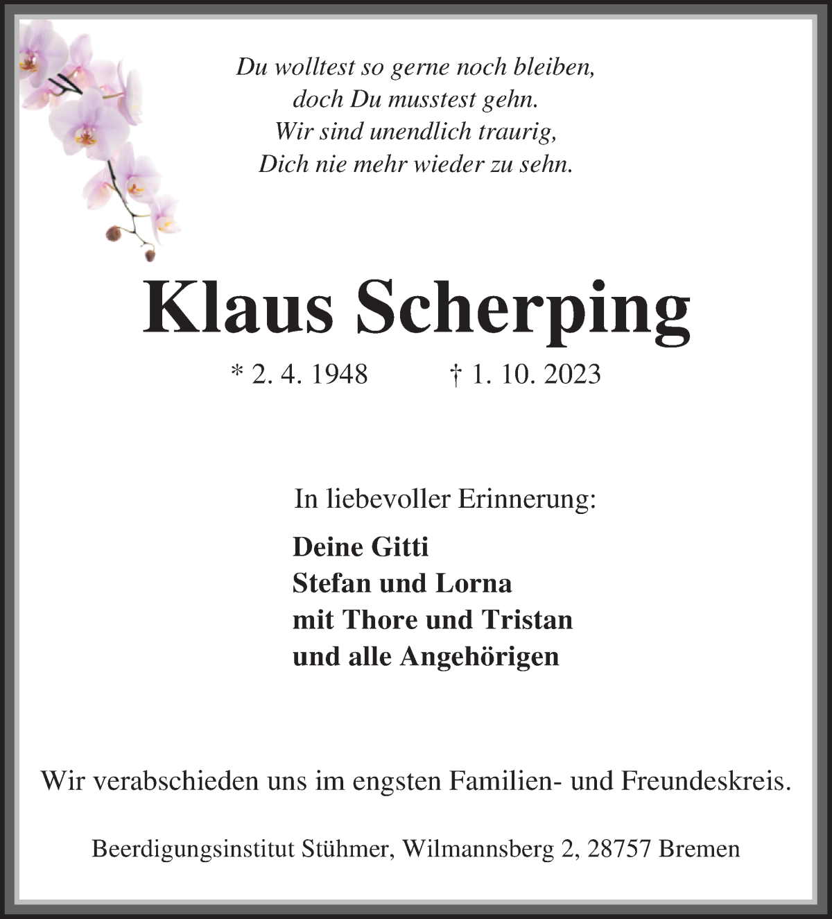 Traueranzeige von Klaus Scherping von Die Norddeutsche