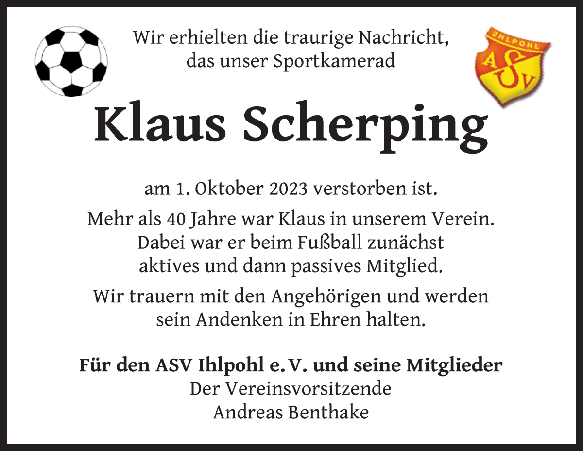 Traueranzeige von Klaus Scherping von Osterholzer Kreisblatt