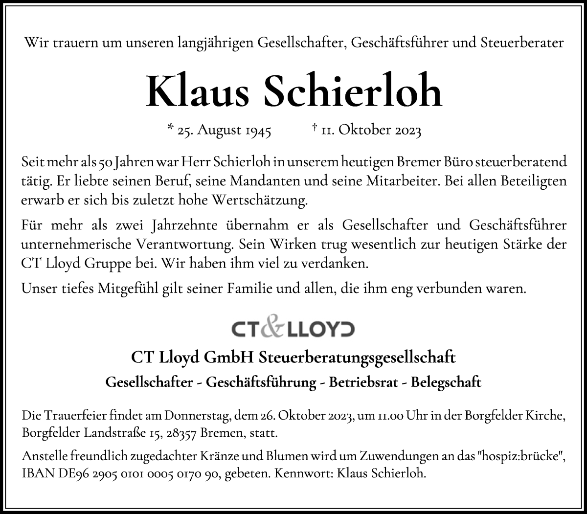 Traueranzeige von Klaus Schierloh von WESER-KURIER