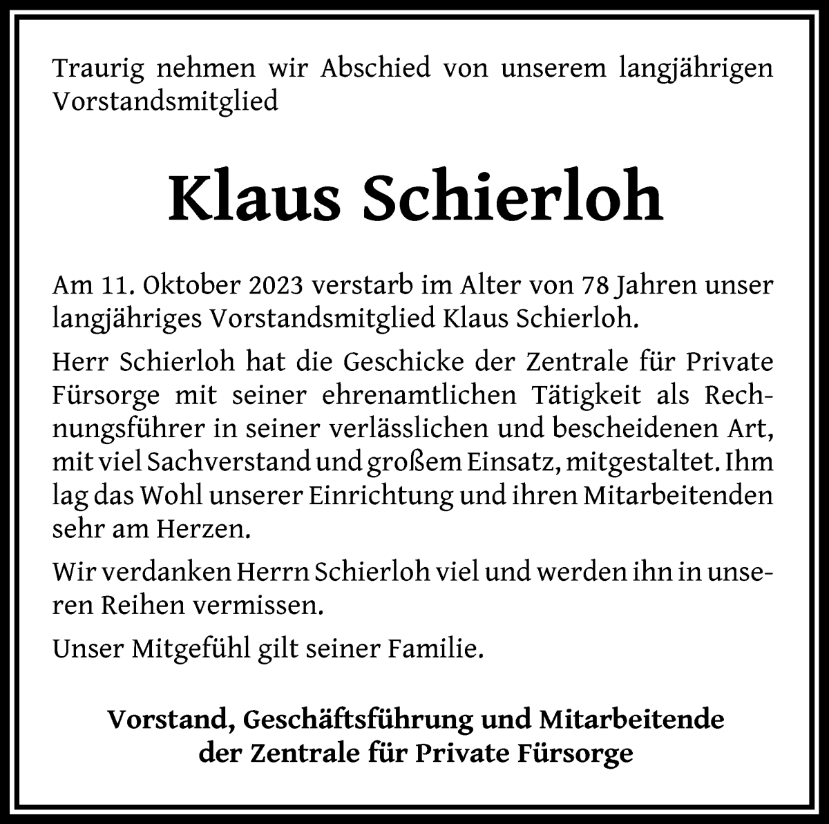 Traueranzeige von Klaus Schierloh von WESER-KURIER