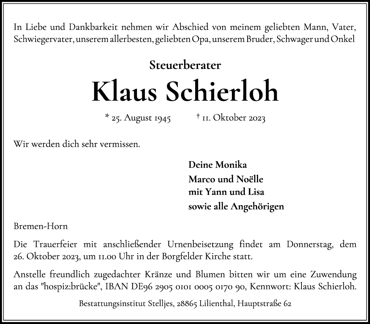 Traueranzeige von Klaus Schierloh von WESER-KURIER