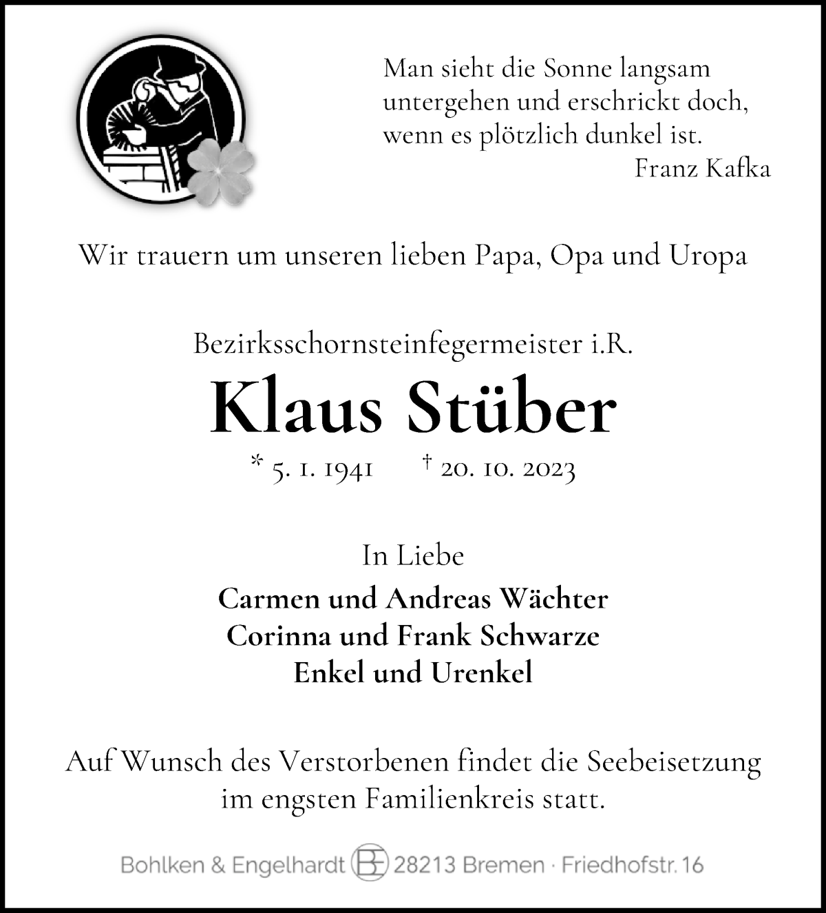 Traueranzeige von Klaus Stüber von WESER-KURIER