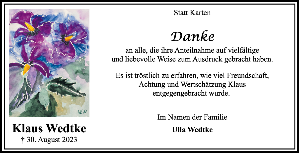 Traueranzeige von Klaus Wedtke von Wuemme Zeitung