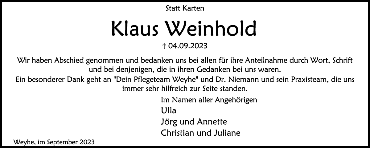 Traueranzeige von Klaus Weinhold von WESER-KURIER