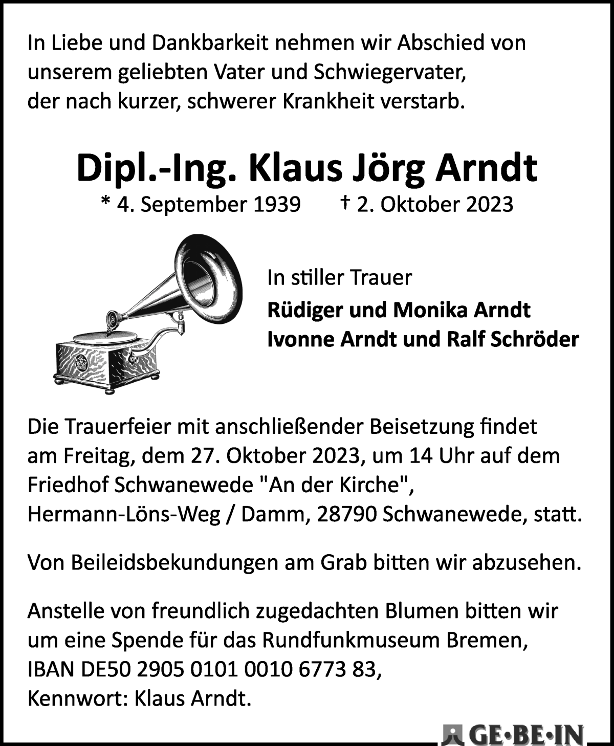 Traueranzeige von Klaus Jörg Arndt von WESER-KURIER