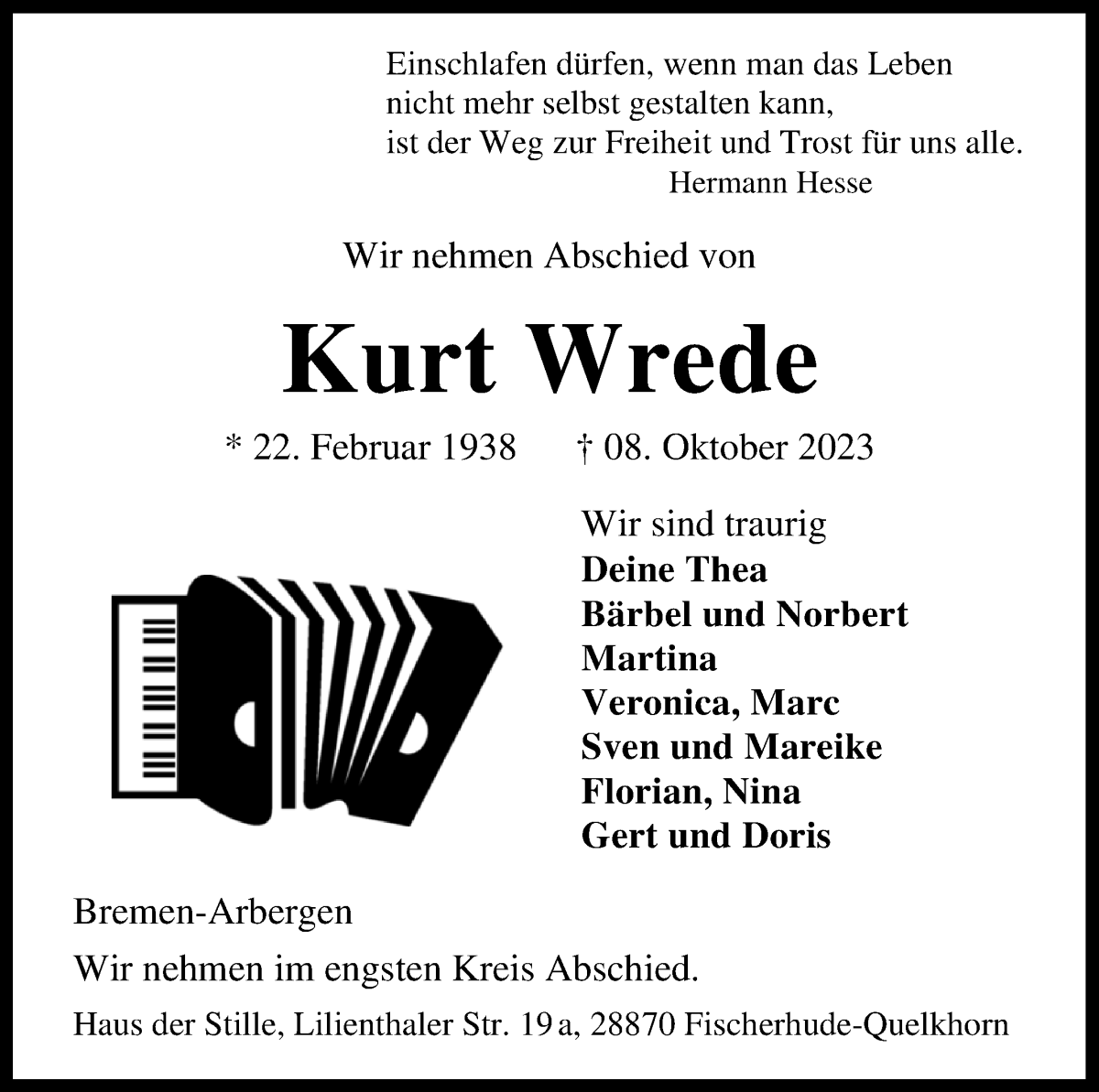 Traueranzeige von Kurt Wrede von WESER-KURIER