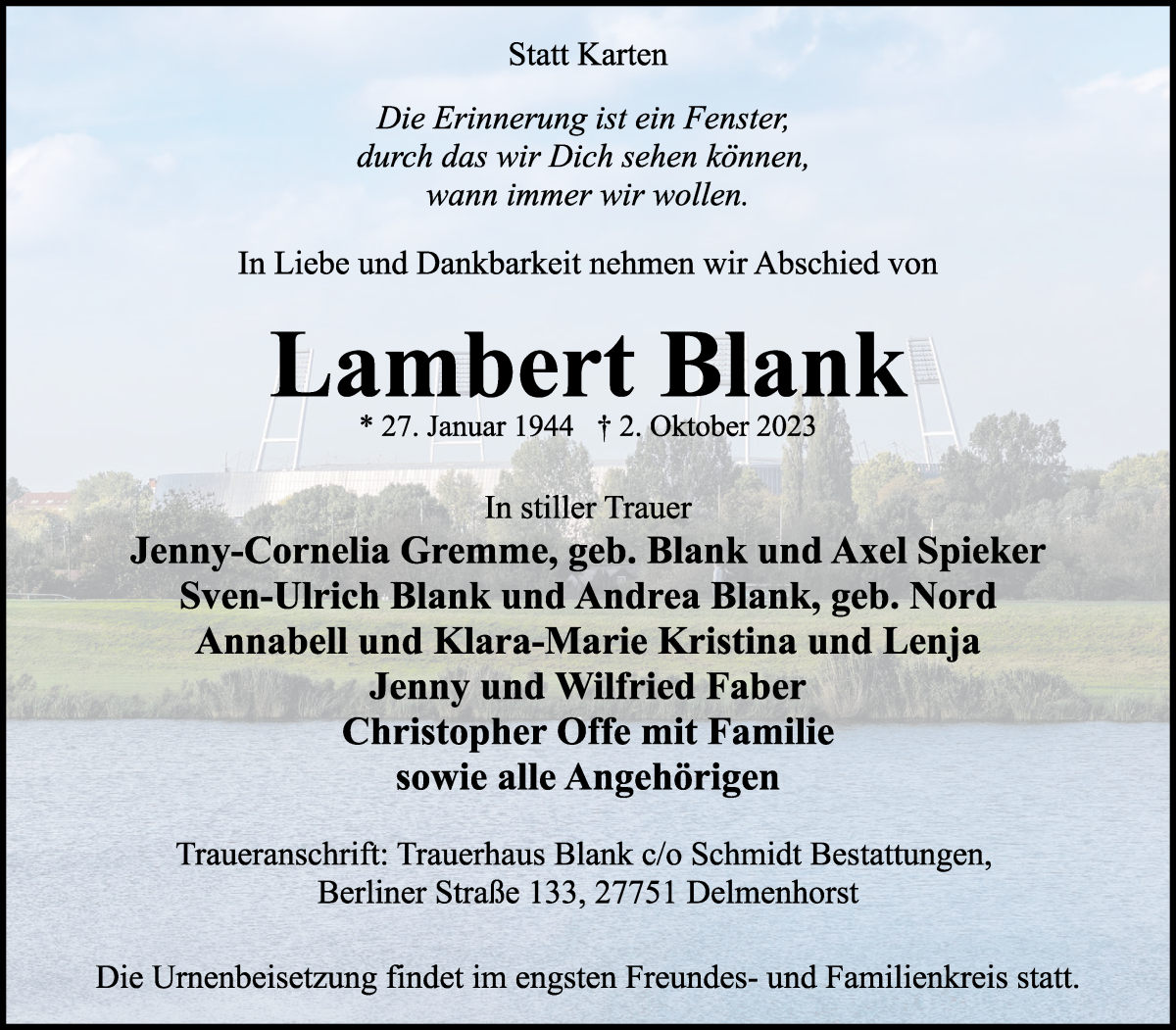 Traueranzeige von Lambert Blank von WESER-KURIER