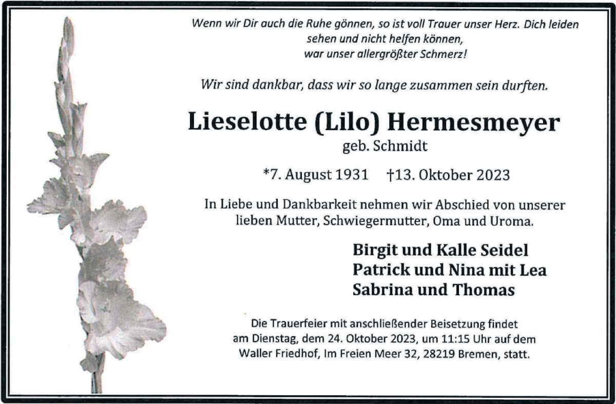 Traueranzeige von Lieselotte Hermesmeyer von WESER-KURIER