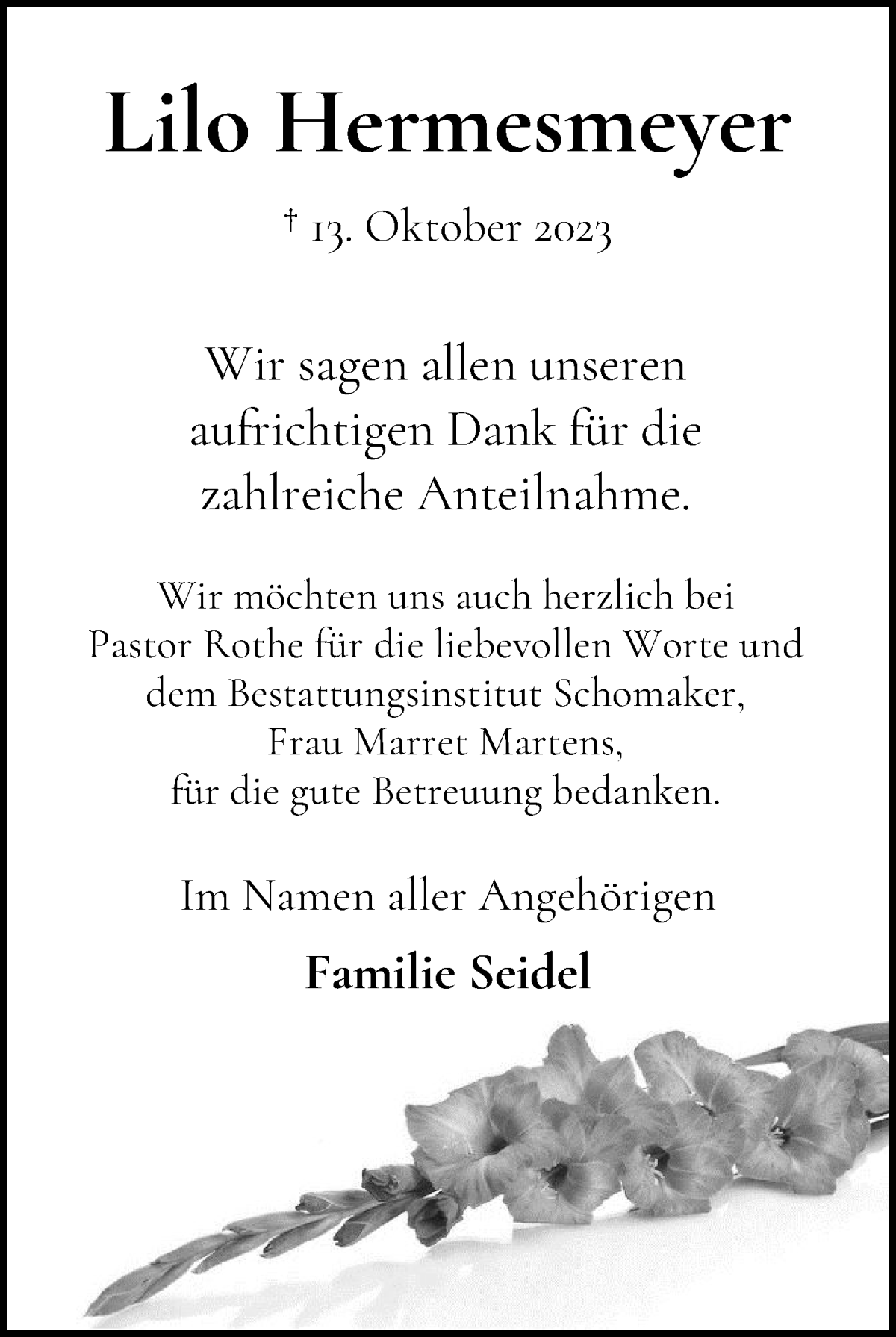 Traueranzeige von Lilo Hermesmeyer von WESER-KURIER